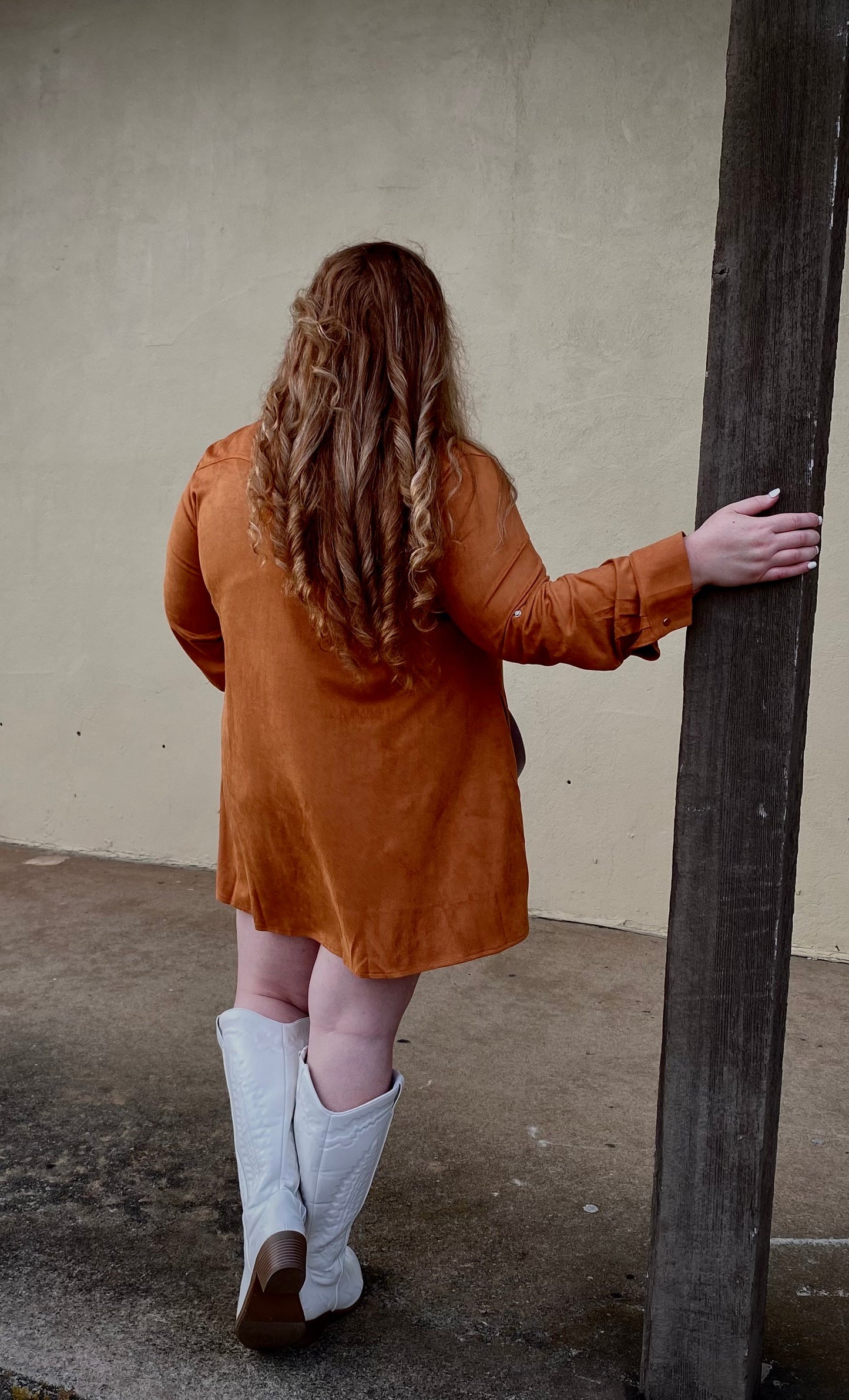 Plus Size Western Camel Suede Pearl Snap Button Down Dress