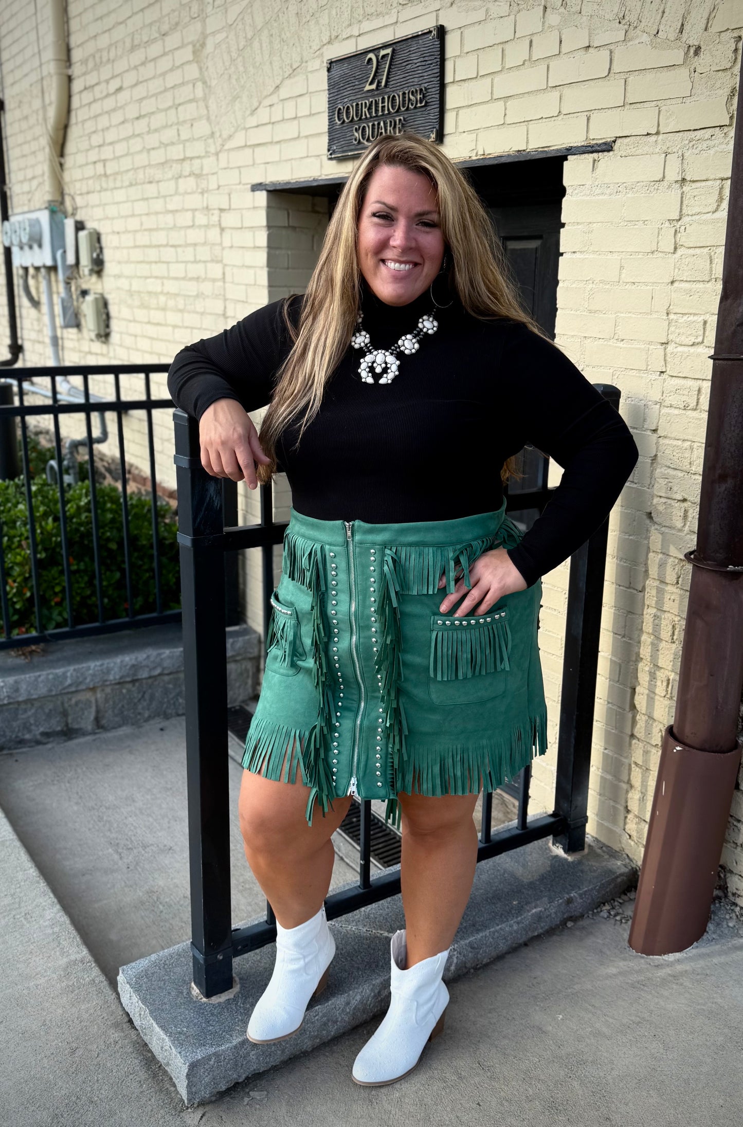Plus Size Jade Suede Rodeo Zipper Studded Fringe Skirt