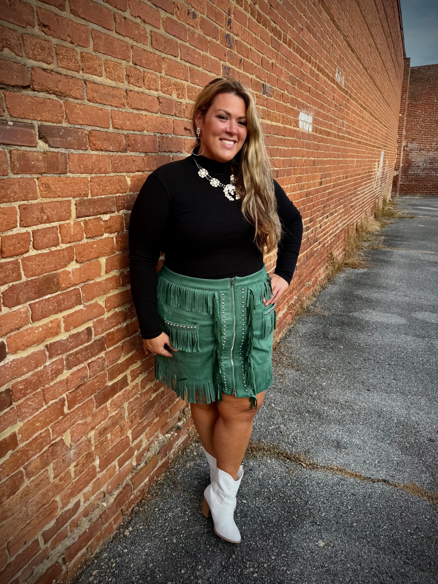 Plus Size Jade Suede Rodeo Zipper Studded Fringe Skirt