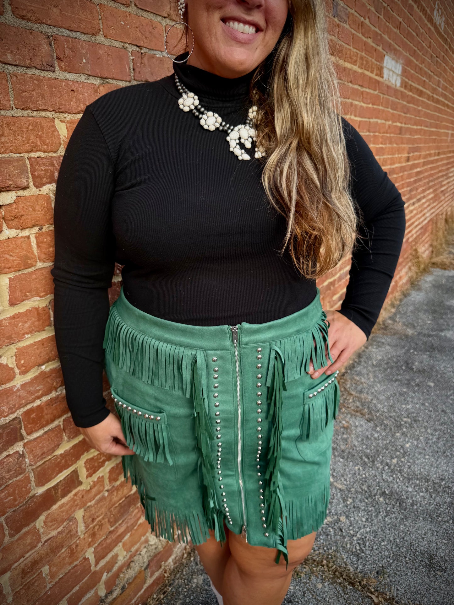 Plus Size Jade Suede Rodeo Zipper Studded Fringe Skirt