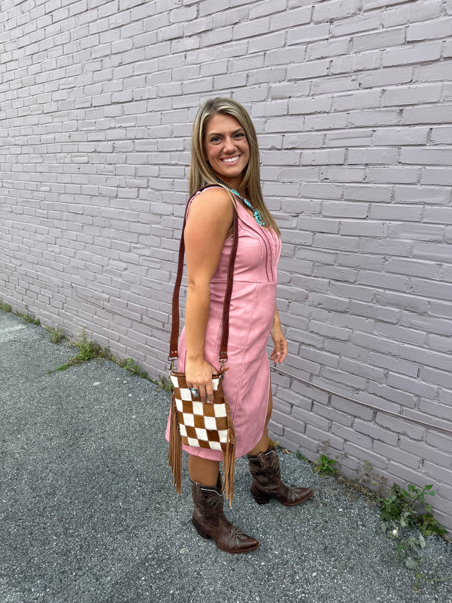 Stockdale Checkered Cowhide Fringe Purse
