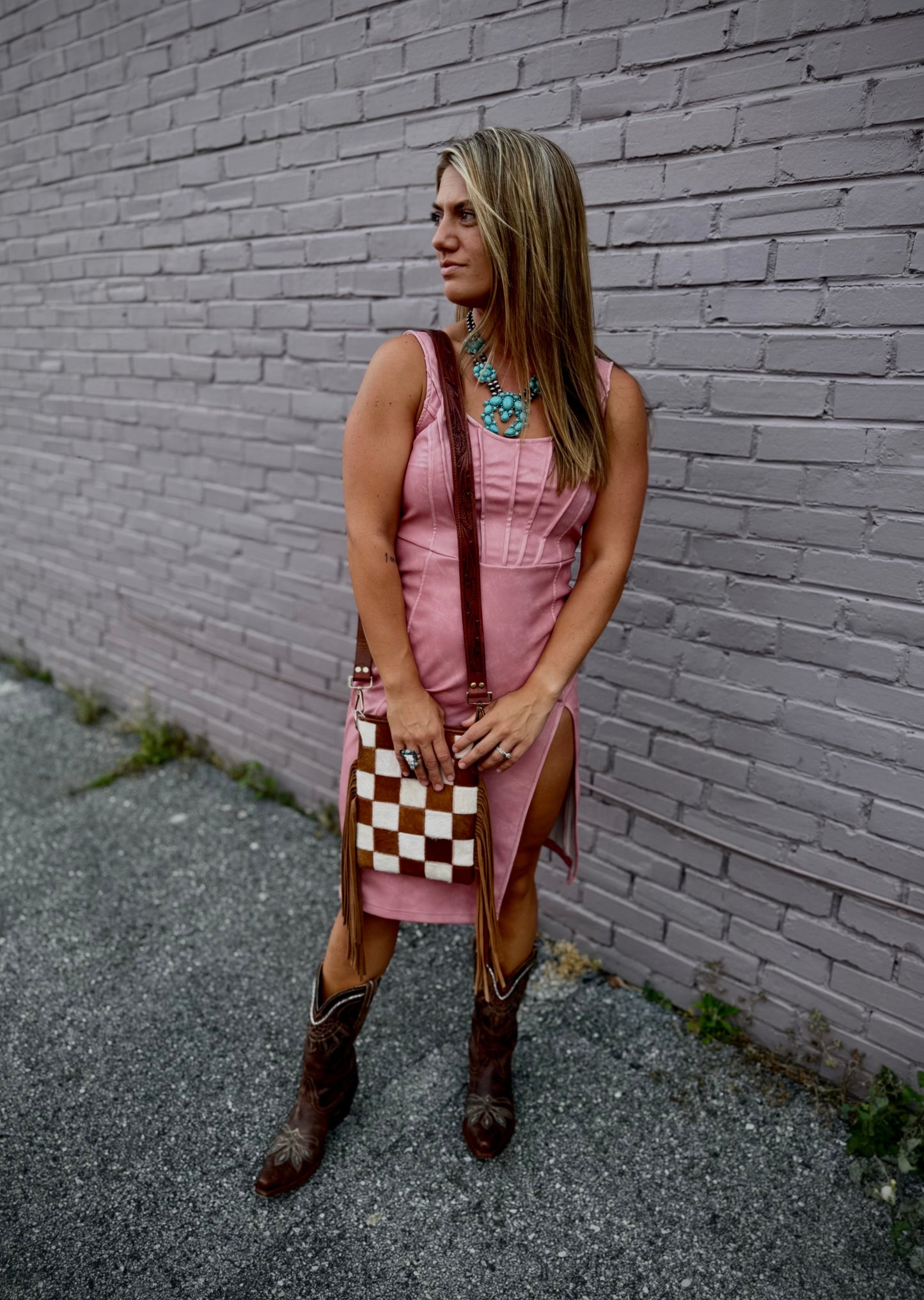 Stockdale Checkered Cowhide Fringe Purse