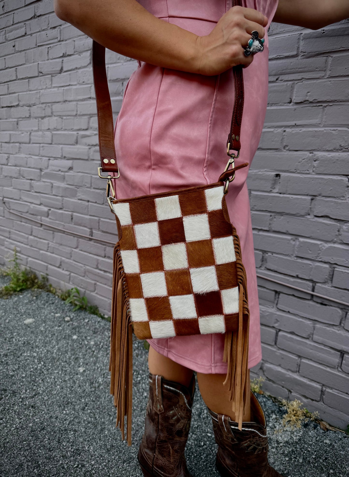 Stockdale Checkered Cowhide Fringe Purse
