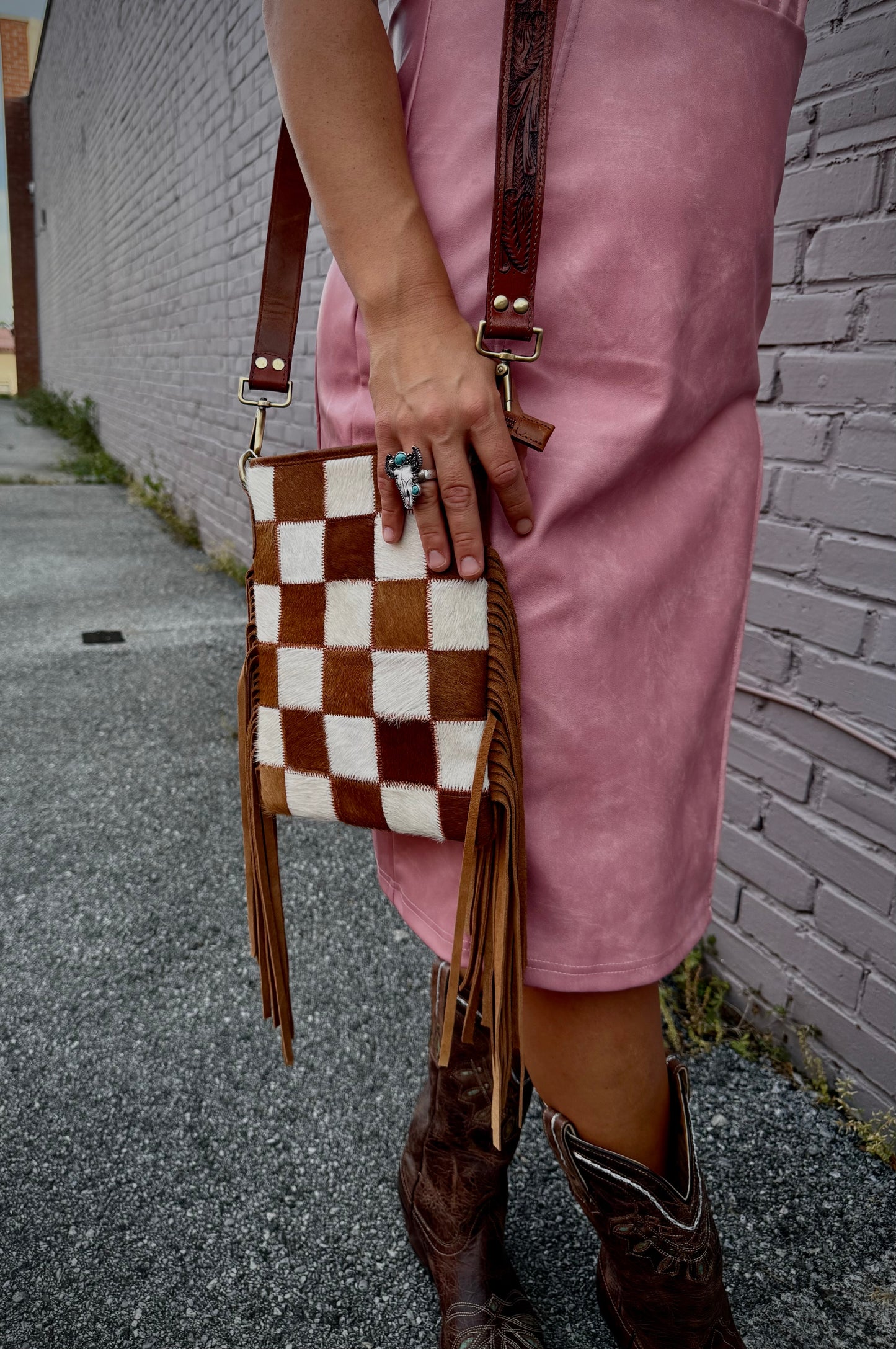 Stockdale Checkered Cowhide Fringe Purse