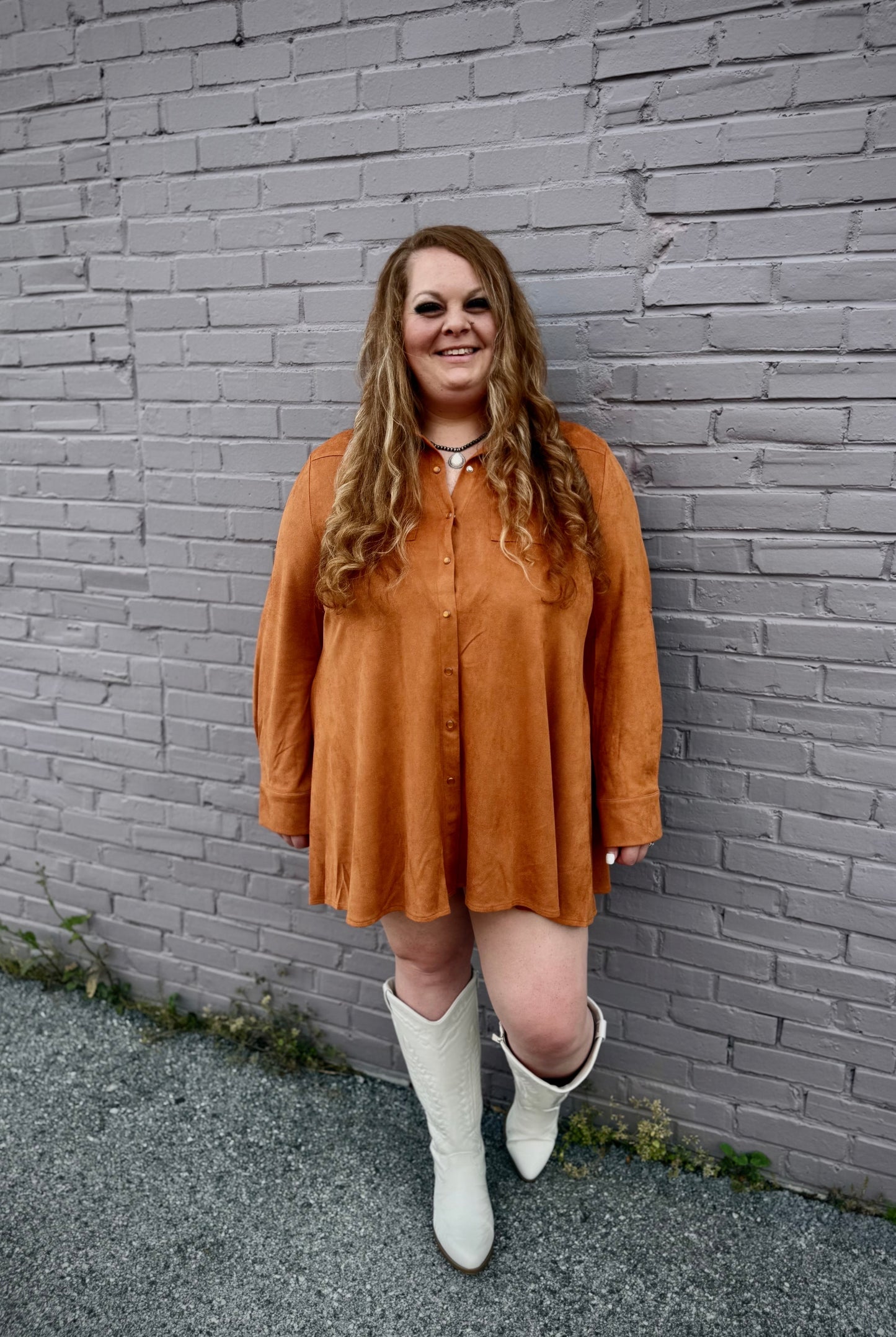 Plus Size Western Camel Suede Pearl Snap Button Down Dress