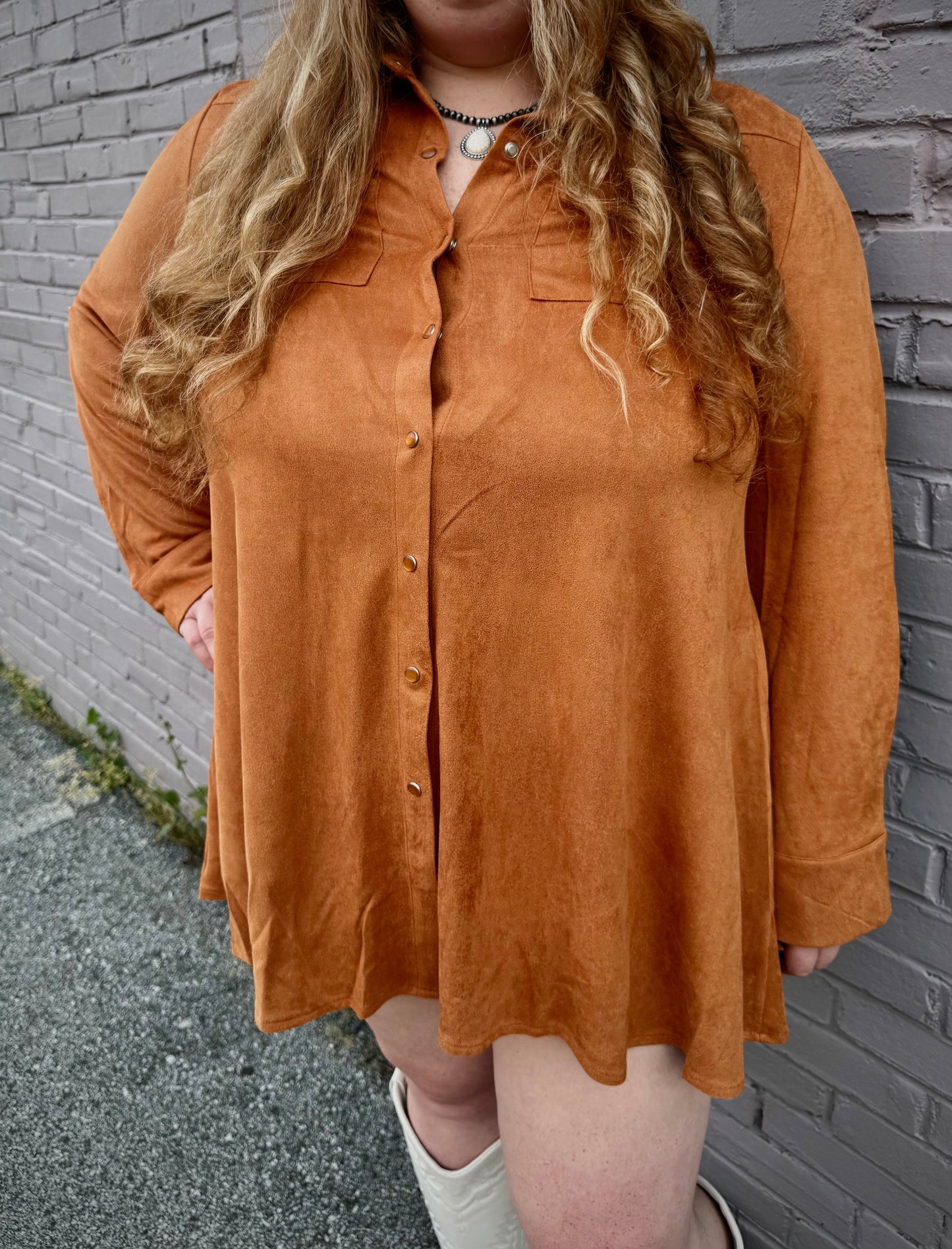 Plus Size Western Camel Suede Pearl Snap Button Down Dress