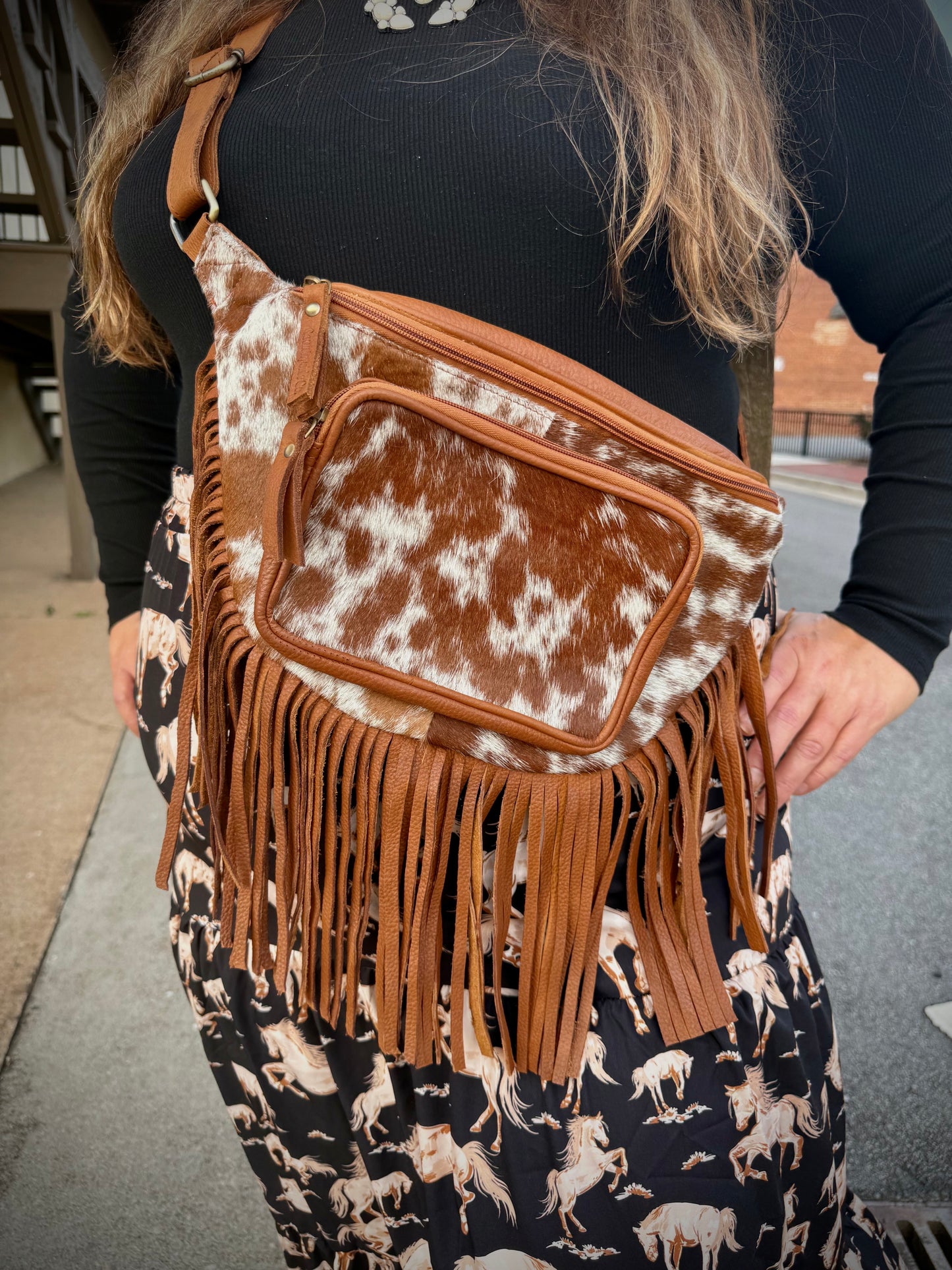 Leather Cowhide Fringe Sling, Festival Bag