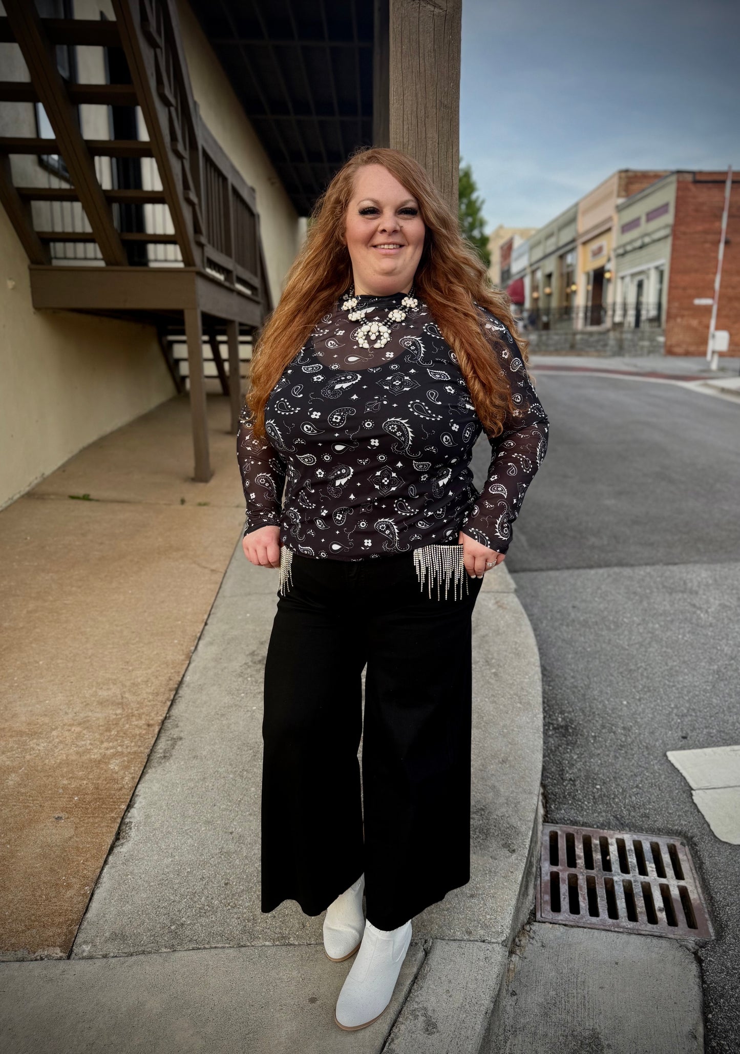 Plus Size Tummy Control Rhinestone Fringe Crop Wide Leg Jeans