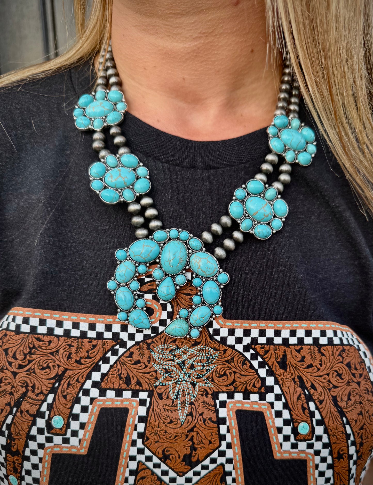 The Maya Western Chunky Squash Blossom Necklace - Turquoise