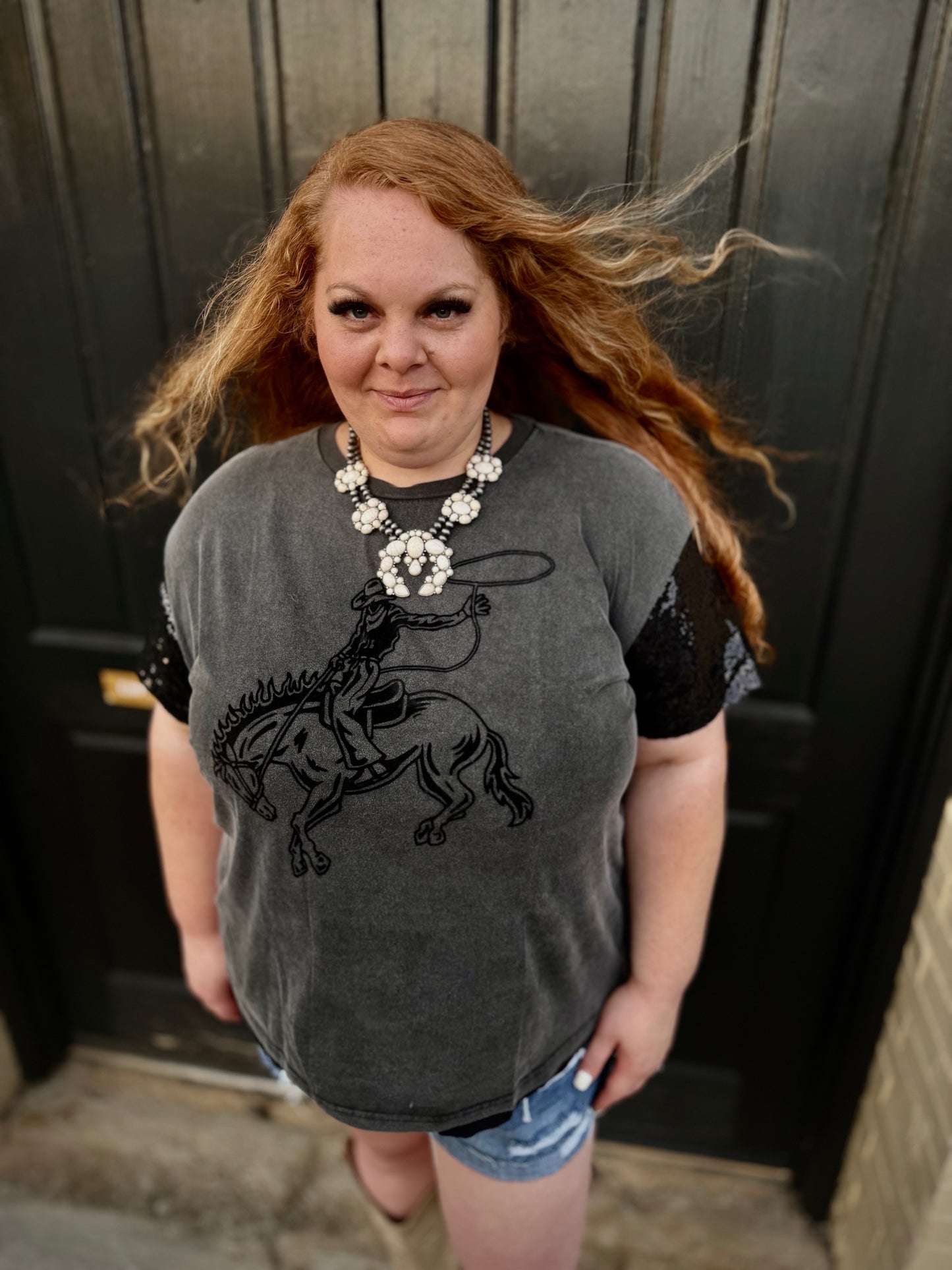Plus Size Cowboy Sequins Flocking Sleeve Tee