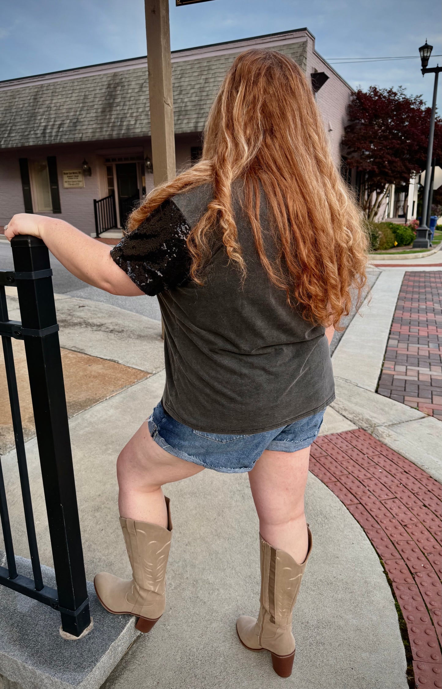 Plus Size Cowboy Sequins Flocking Sleeve Tee