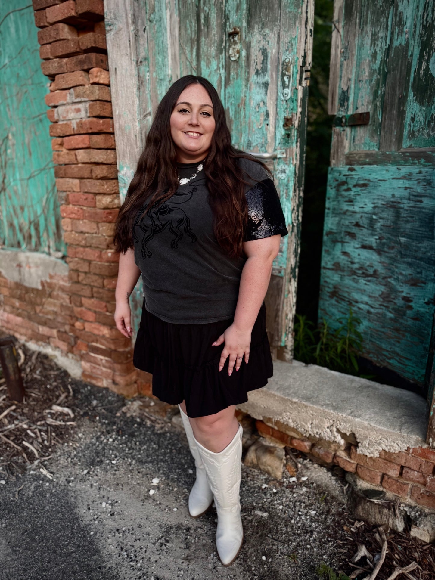 Plus Size Cowboy Sequins Flocking Sleeve Tee