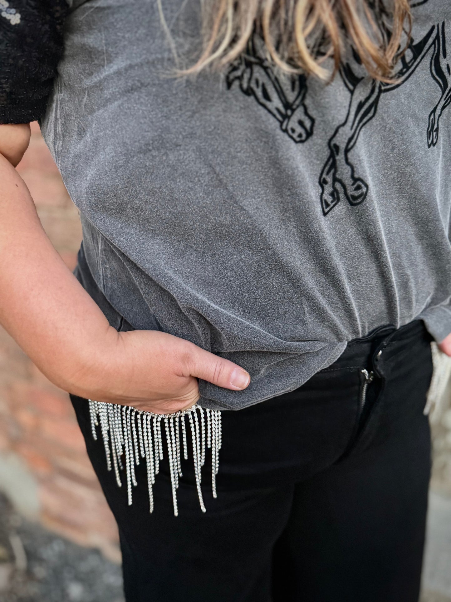 Plus Size Tummy Control Rhinestone Fringe Crop Wide Leg Jeans
