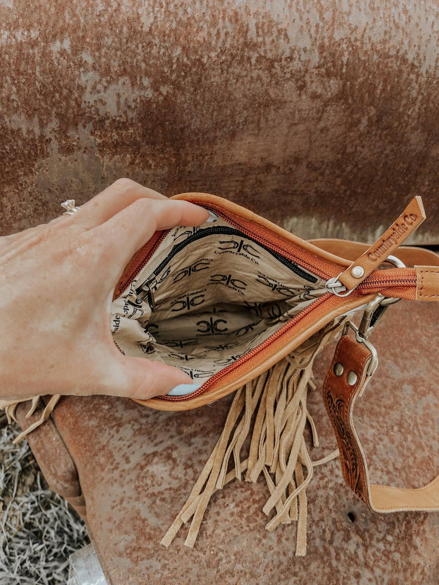 Stockdale Checkered Cowhide Fringe Purse