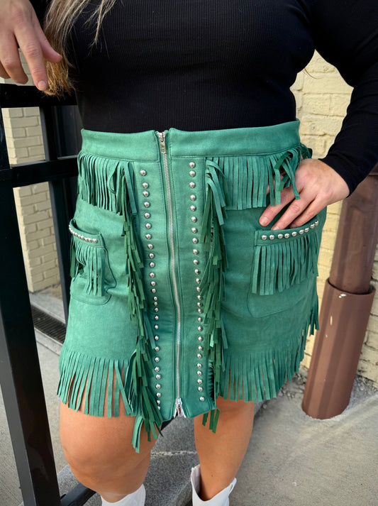 Plus Size Jade Suede Rodeo Zipper Studded Fringe Skirt