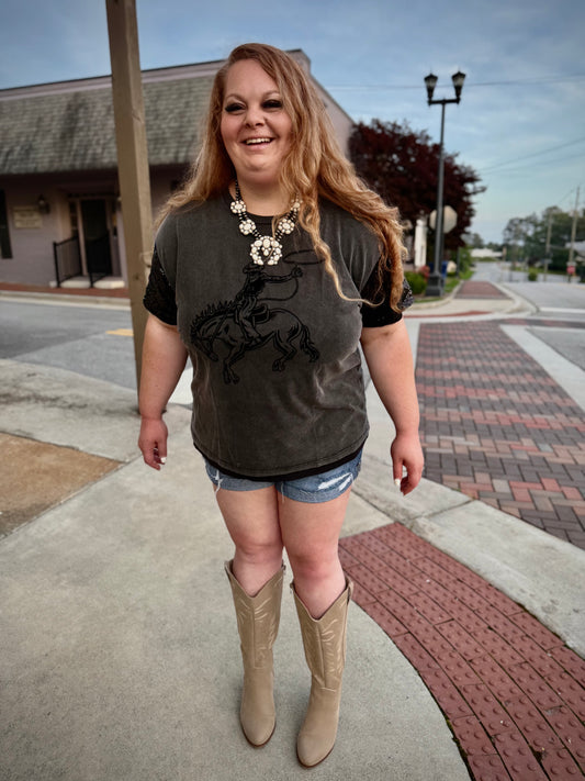 Plus Size Cowboy Sequins Flocking Sleeve Tee
