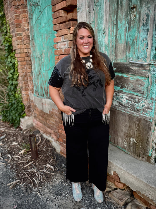 Plus Size Tummy Control Rhinestone Fringe Crop Wide Leg Jeans