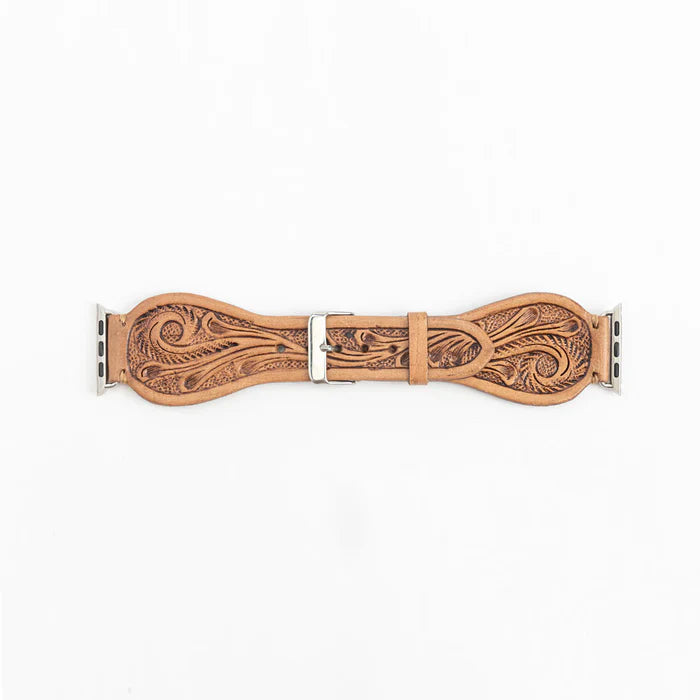 Lone Star Handtooled Leather Watch Band in Light Saddle Tan