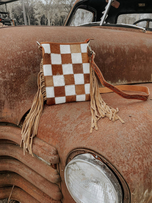 Stockdale Checkered Cowhide Fringe Purse